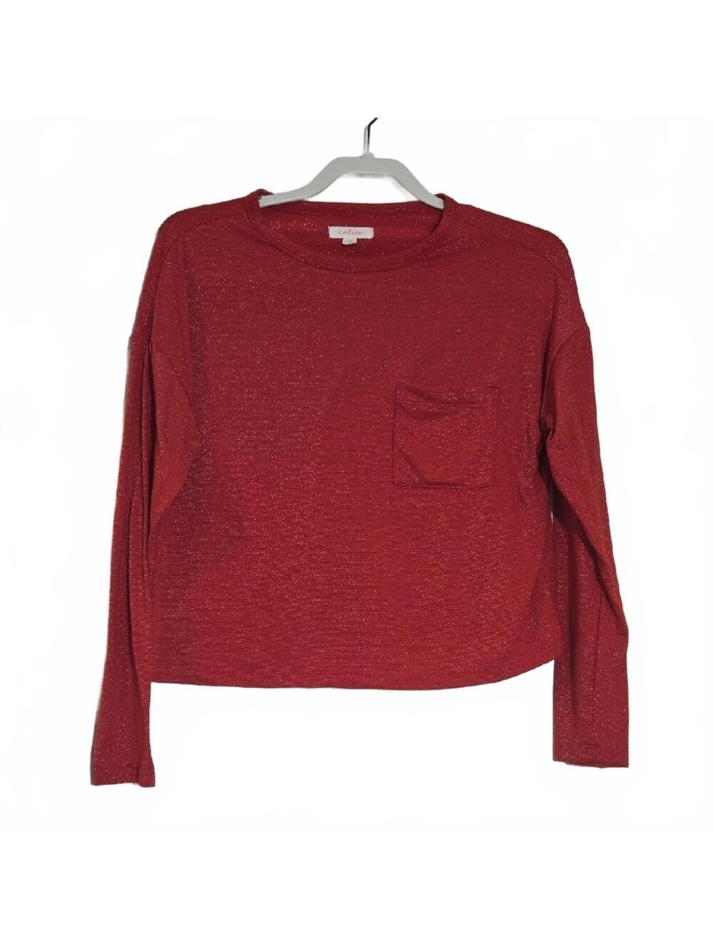 Colsie Red Silver Metallic Micro Stripes Long Sleeve Top with Pocket Small
